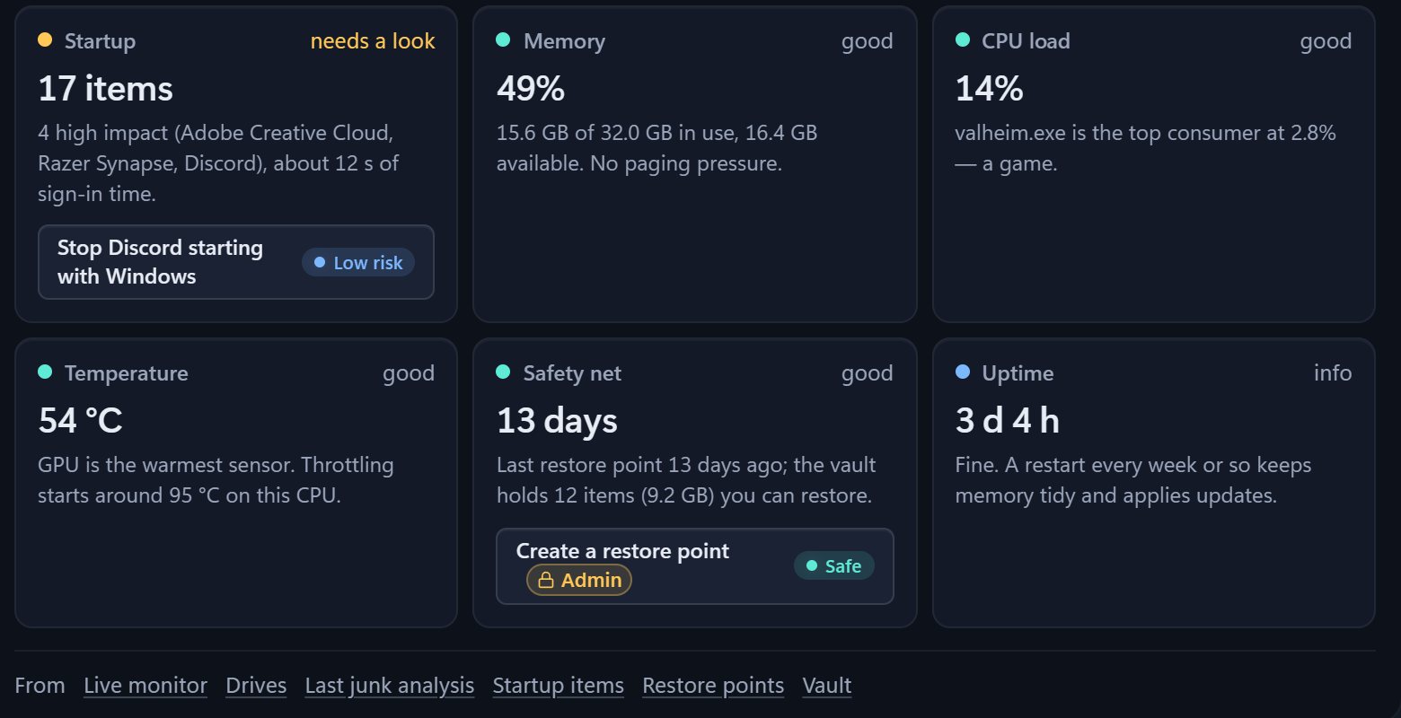 Detail of a Cosmo checkup: tiles for startup, memory, CPU load, temperature, safety net and uptime, each with a number, a short plain-language note, and a button you can confirm such as Stop Discord starting with Windows or Create a restore point.