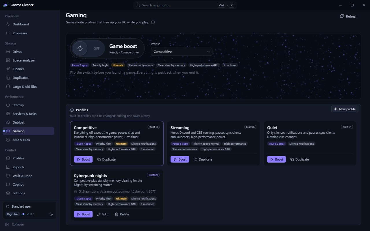The gaming page: a Game boost switch with the Competitive profile selected, chips reading Pause 7 apps, Priority high, Ultimate, Silence notifications, and profile cards for Competitive, Streaming, Quiet and a custom profile.